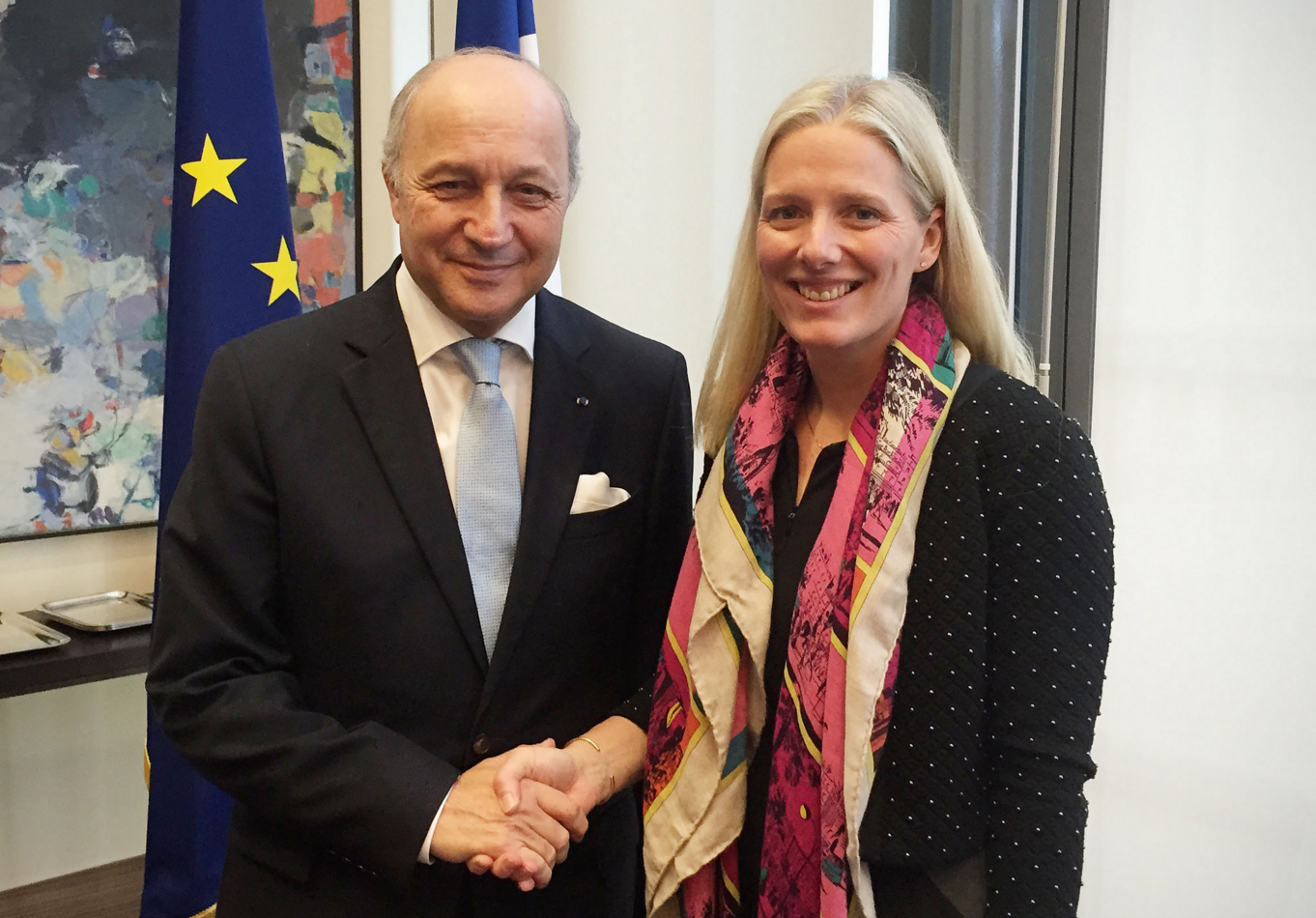 Minister McKenna meeting with Laurent Fabius, French Minister of Foreign Affairs and International Development, at pre-COP