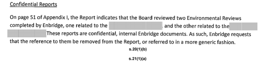Enbridge, environmental reports, secret, NEB, audit