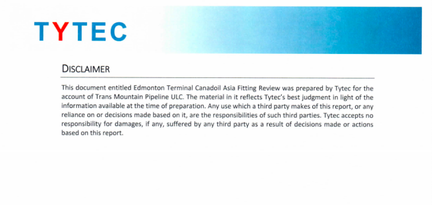 Kinder Morgan, Trans Mountain expansion, disclaimer, Tytec, pipeline
