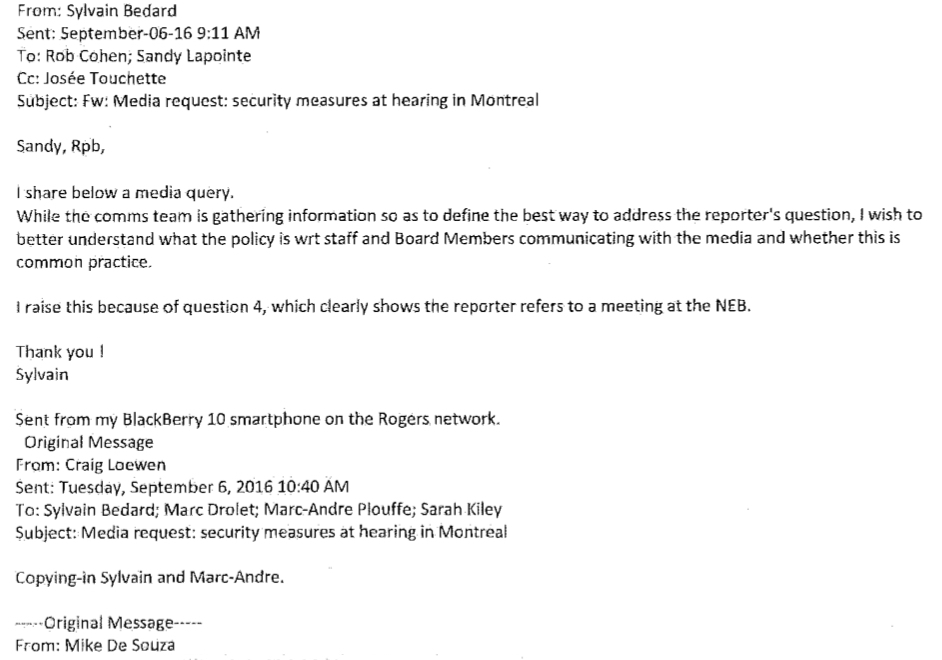 screenshot, memo, National Energy Board, Rob Cohen, NEB, breach, investigation, Sylvain Bédard