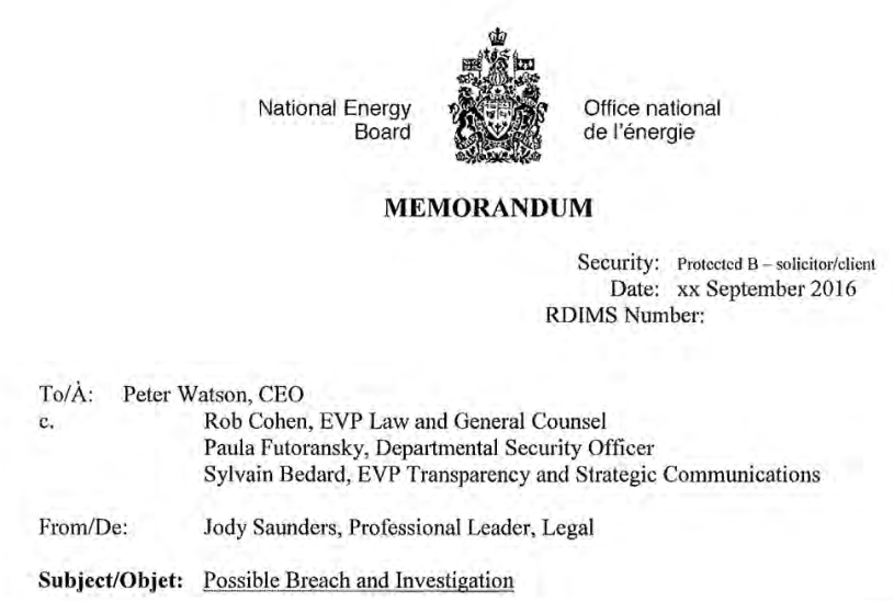 screenshot, memo, National Energy Board, Rob Cohen, NEB, breach, investigation