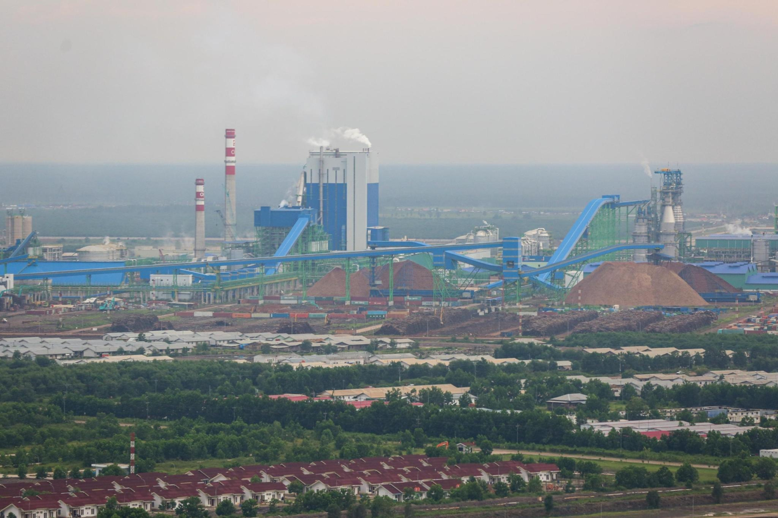 Wide shot of a giant paper mill in Indonesia