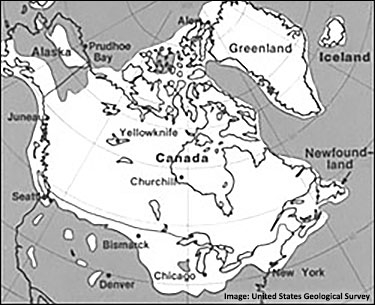 Map showing northern ice sheet over Canada during last ice age. USGS public domain.