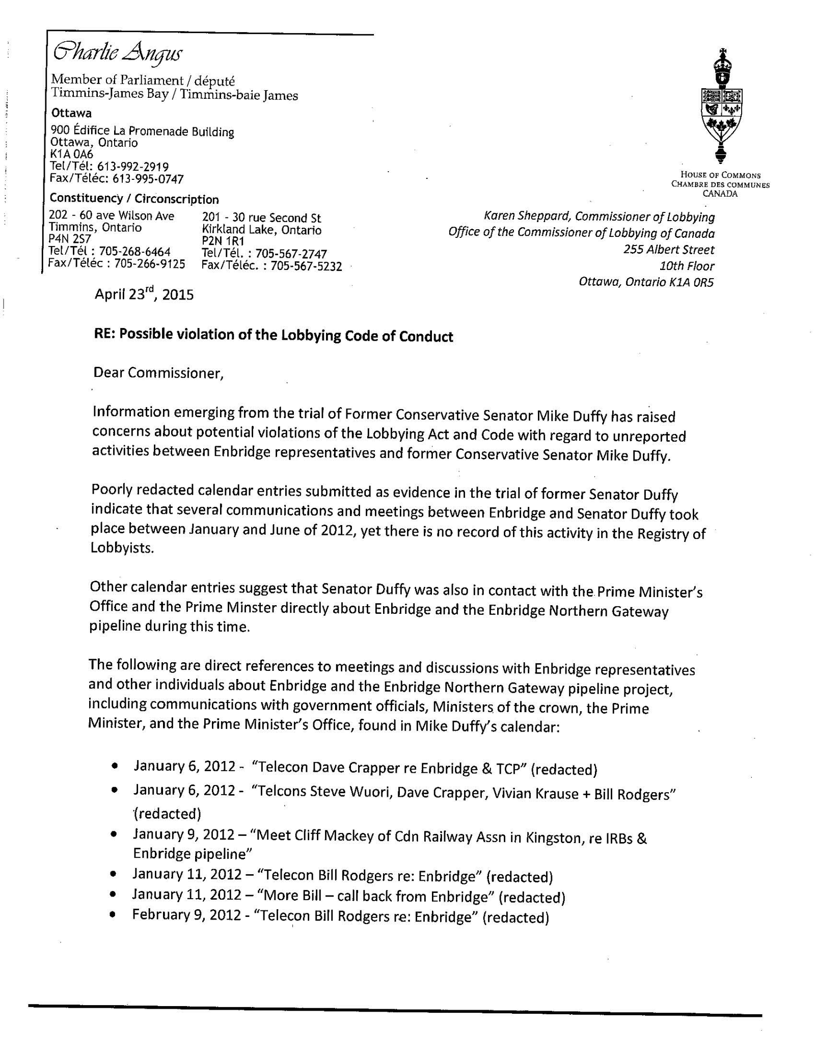 NDP Charlie Angus Possible Violation of Lobbying Code of Conduct by Enbridge letter