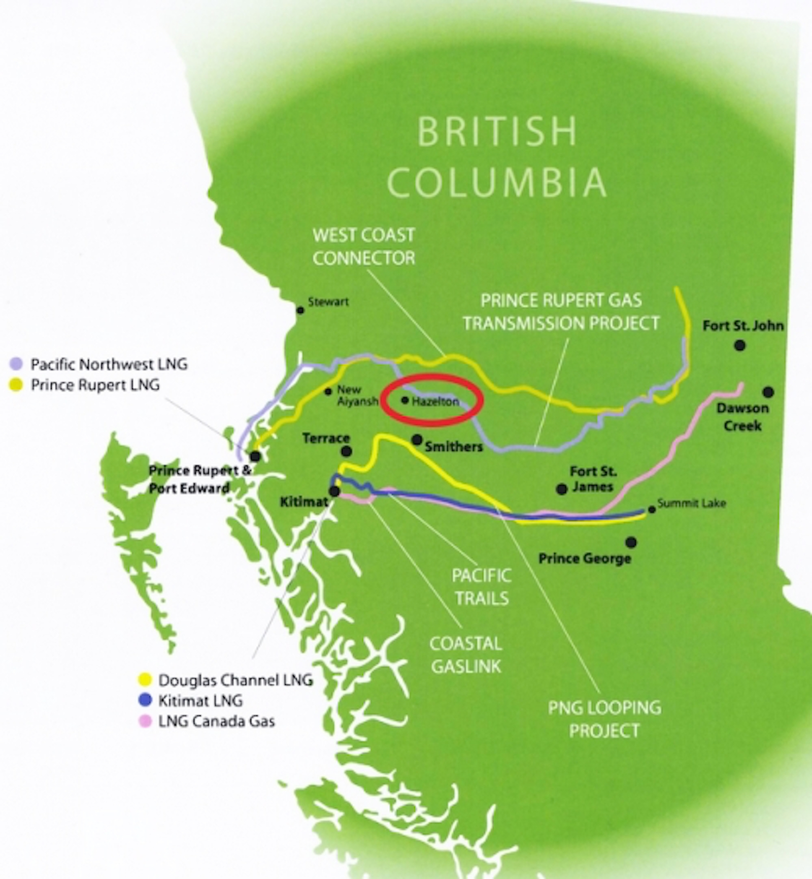 LNG proposals map with Hazelton and Kispiox Valley indicated by a red circle.