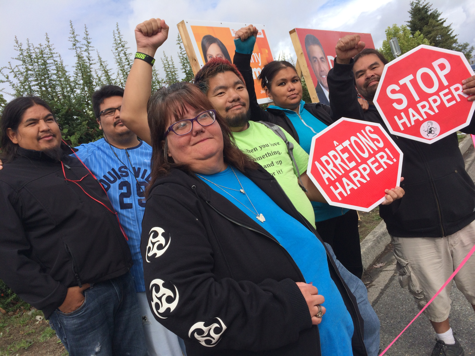 Lisa Arlin and Stop Harper protesters at Conservative election rally in Surrey, B.C. - Mychaylo Prystupa