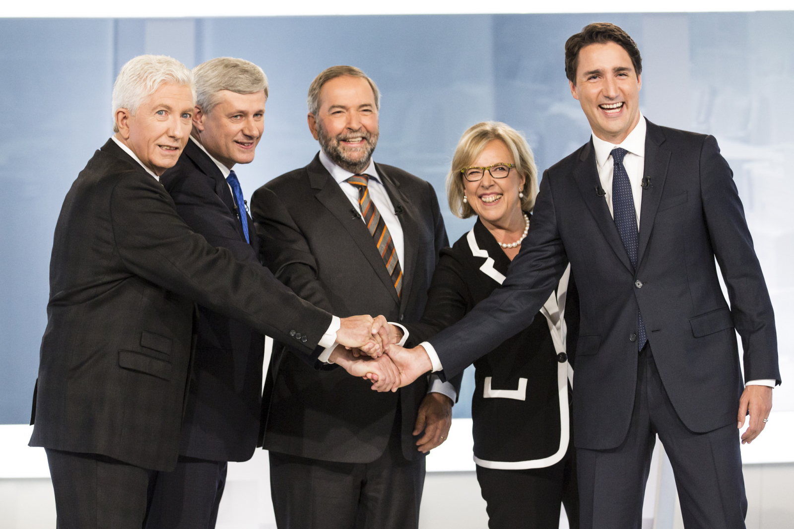 Duceppe Harper Mulcair May Trudeau in French language TV debate September 2015 - NDP photo