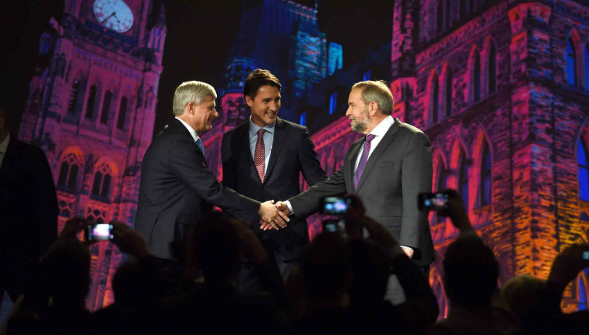 Stephen Harper, Justin Trudeau, Tom Mulcair, Conservatives, NDP, Liberals, media endorsements