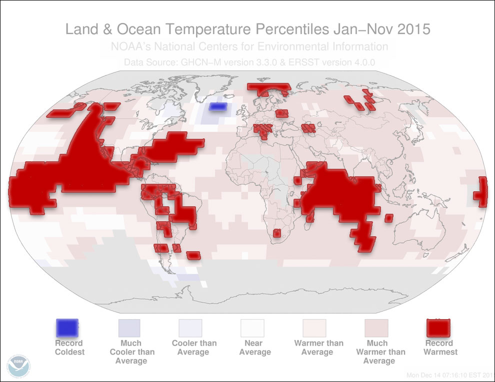 Global hottest and coldest regions for 2015 