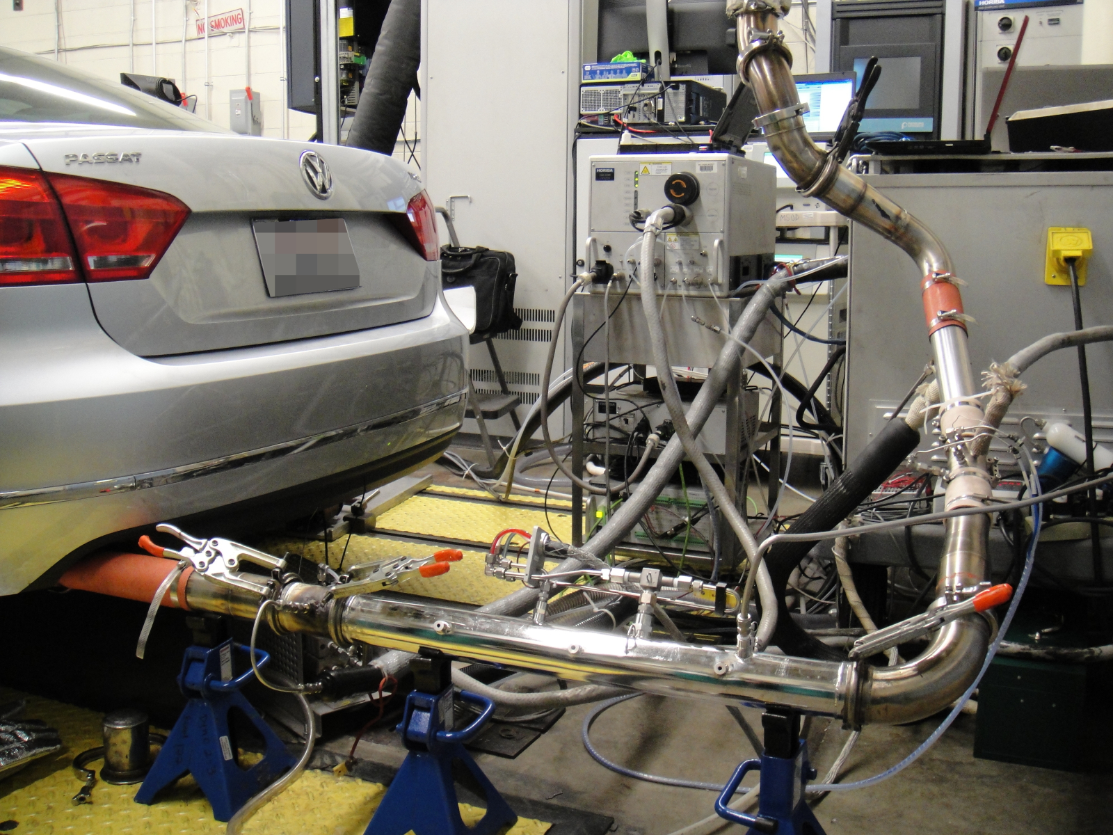 The Volkswagen Passat is hooked up to portable emissions testing equipment by Center for Alternative Fuels, Engines and Emissions for testing. Photo by Marc Besch
