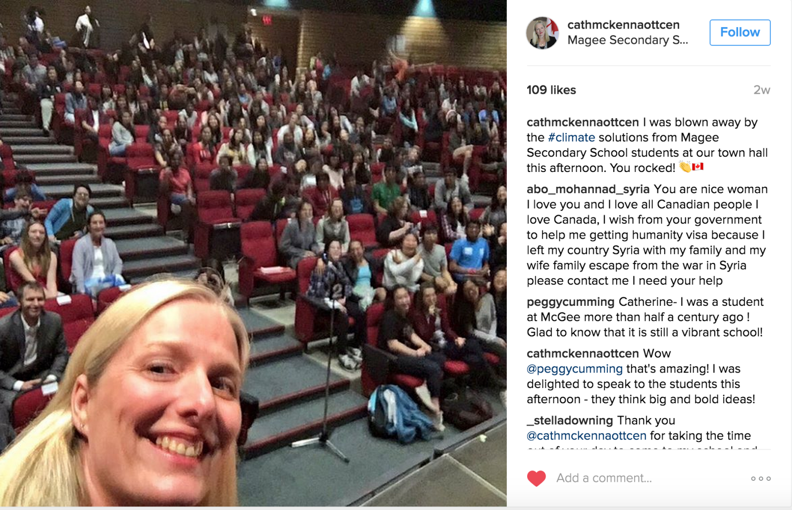 Catherine McKenna, Environment and Climate Change Canada, Vancouver, Magee Secondary School, youth, climate change