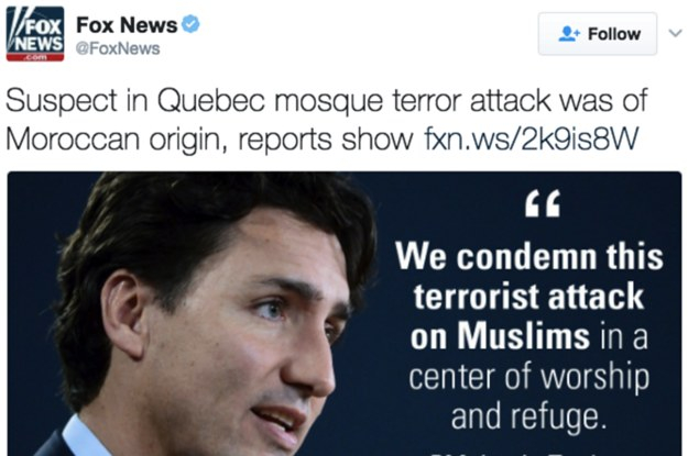 Fox News, deleted tweet, Quebec shooting, Moroccan