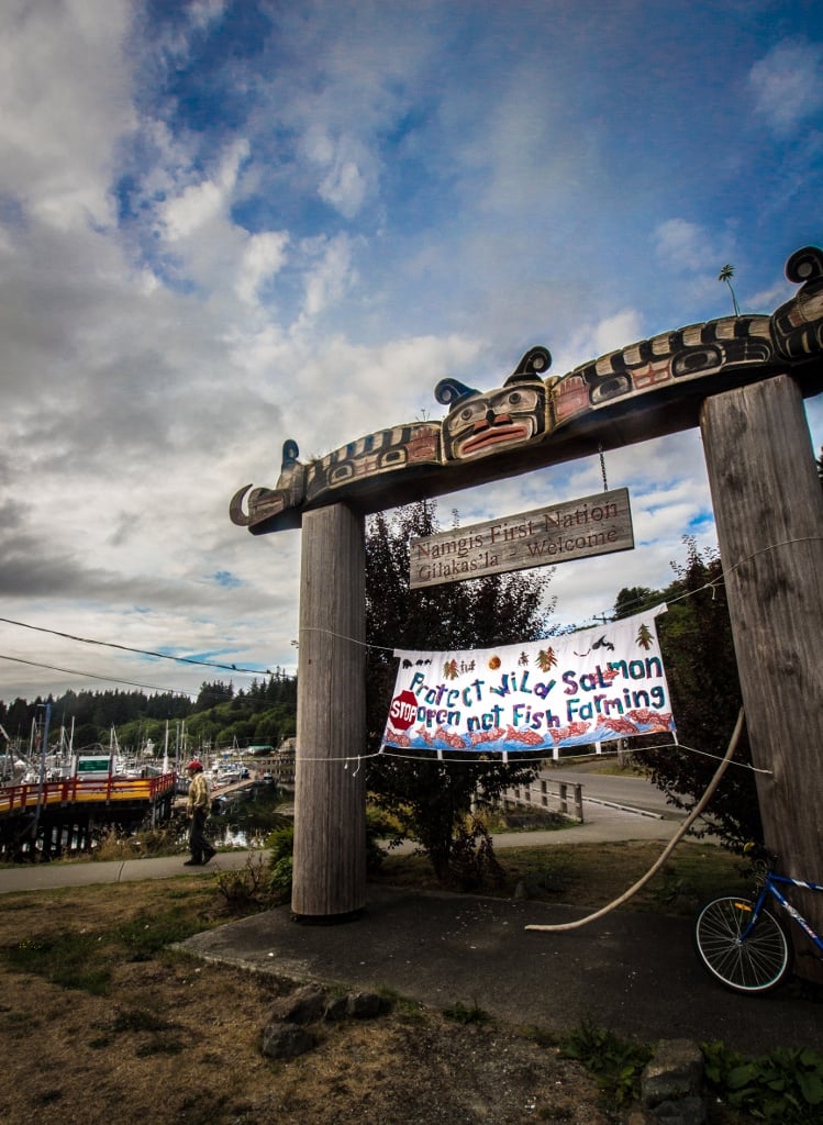 Alert Bay, banner, “Protect wild salmon. STOP open net fish farming"