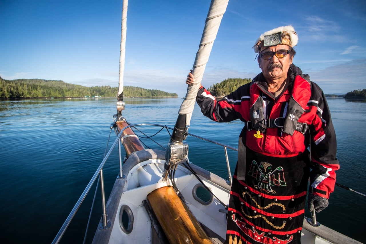 Chief George Quocksister Jr., at the head of the RV Martin Sheen, Swanson Island, B.C., salmon, fish farms