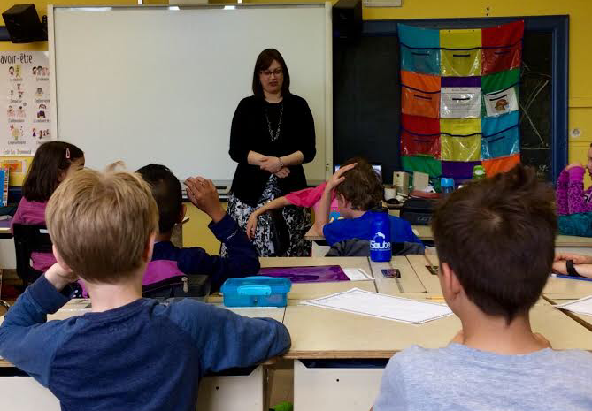 Incumbent borough councillor Mindy Pollak speaks to students at a school in Outremont about their Hasidic neighbours in 2017.