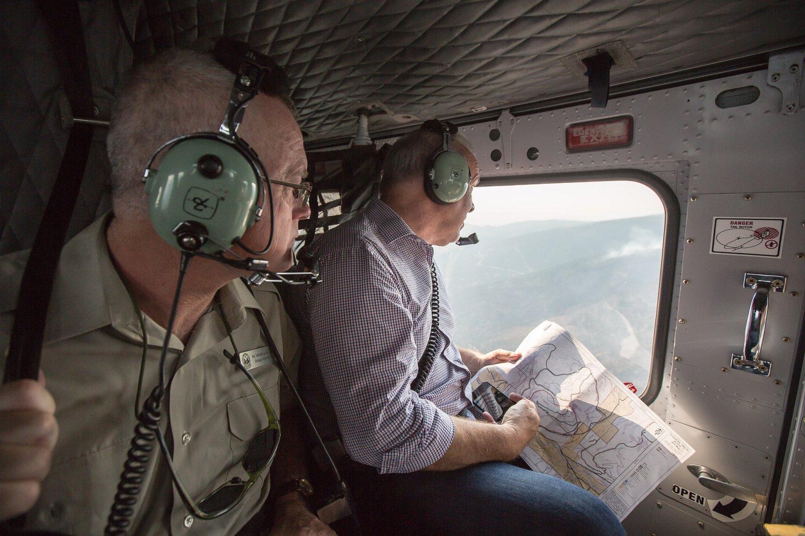 B.C. Premier John Horgan and Forests Minister Doug Donaldson visit areas affected by wildfires this summer. Government photo. 