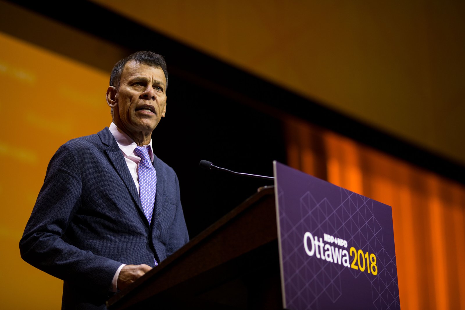 Canadian Labour Congress president Hassan Yussuff speaks to delegates at the NDP's national convention in Ottawa on Feb. 16, 2018. Photo by Alex Tétreault