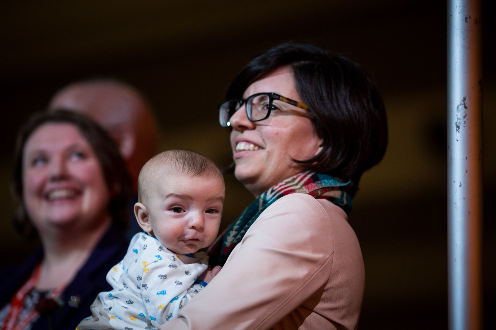 Churchill—Keewatinook Aski MP and former leadership contender Niki Ashton holds one of her twins at the NDP's national convention in Ottawa on Feb. 16, 2018. Photo by Alex Tétreault
