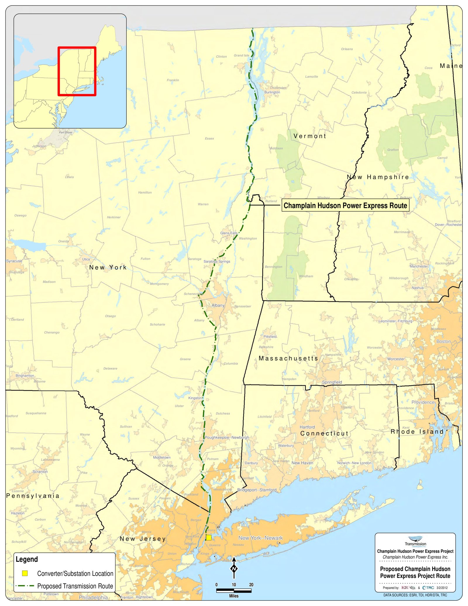 The proposed route of the Champlain-Hudson Power Express