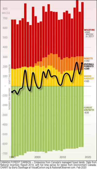 Canada forest carbon since 1990, with bars showing major emissions and absorption sources