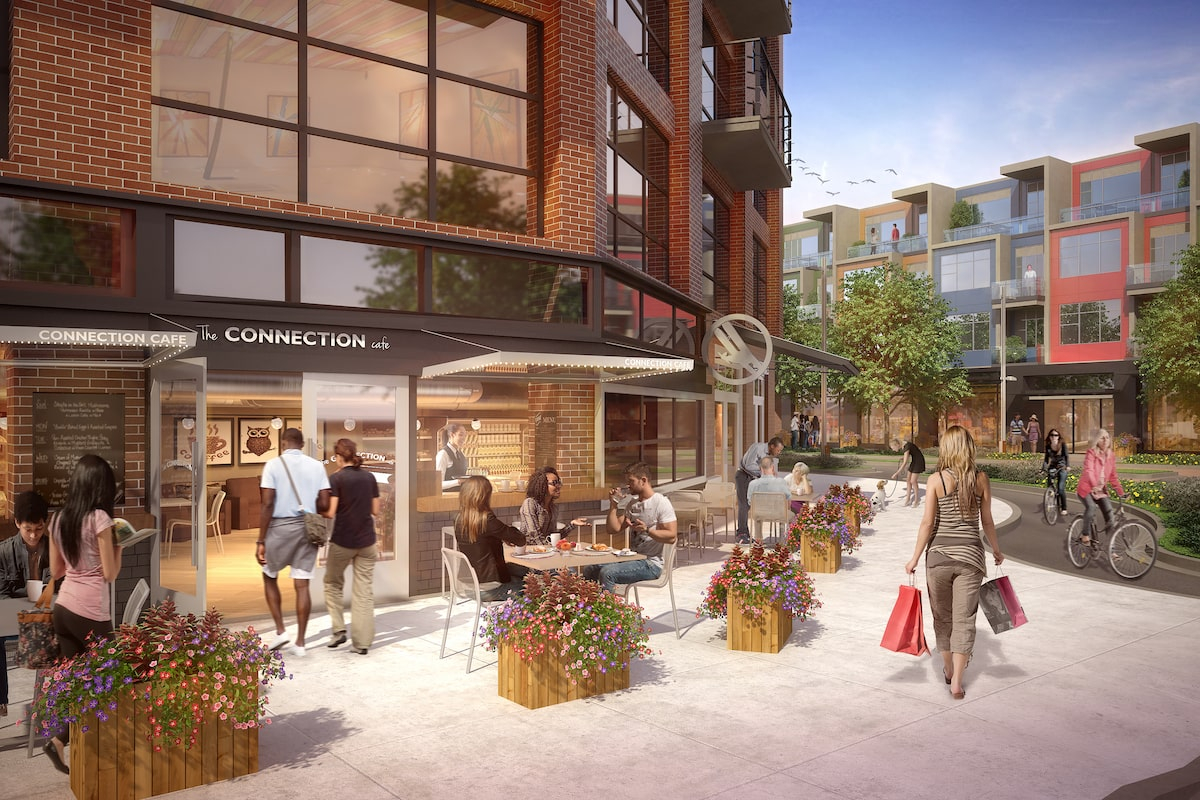 A rendering of a mixed-use building with cafe-goers and shoppers outside
