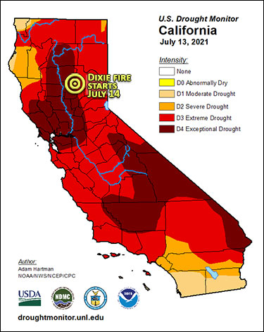 California drought conditions by droughtmonitor.unl.edu, with Dixie fire location added on top