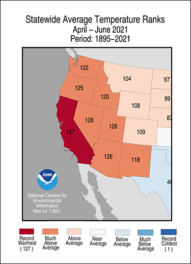 NOAA statewide average temperature ranks april to june 2021