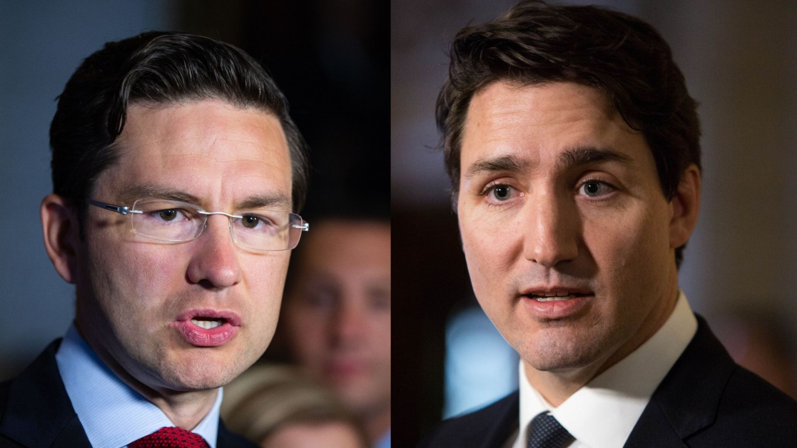 Headshot of Pierre Poilievre on left and headshot of Justin Trudeau on the right
