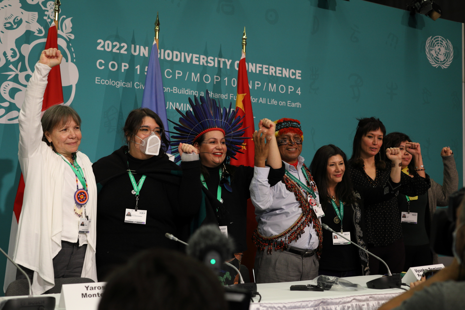 A group of Indigenous spokespeople stand arm in arm after doing a press conference at COP15