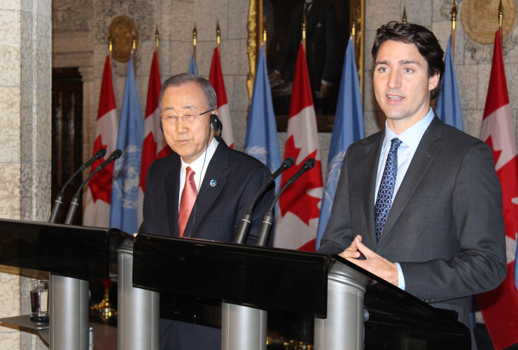Justin Trudeau and Ban Ki-moon speak to reporters in Ottawa on February 11, 2016