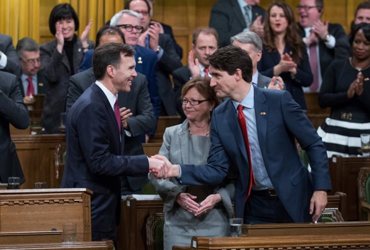 Finance Minister Bill Morneau and Justin Trudeau in the House of Commons. Photo from PMO
