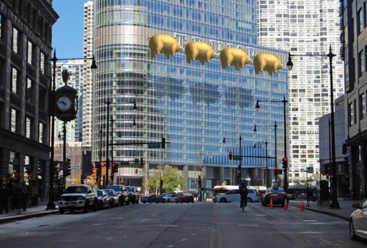 Golden pig balloons obscure Trump name on the eponymously named tower in Chicago