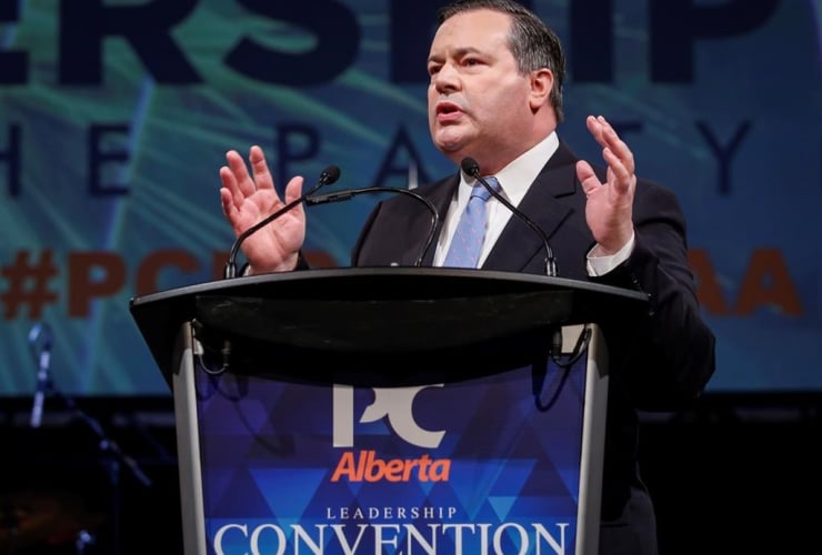 Jason Kenney delivers his victory speech at the Alberta PC Party leadership convention in Calgary, Alta., Saturday, March 18, 2017.