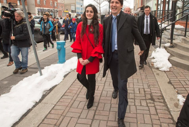 Prime Minister Justin Trudeau campaigns with Liberal candidate Emmanuella Lambropoulos for the byelection in the Saint-Laurent riding, Sunday, March 26, 2017 in Montreal