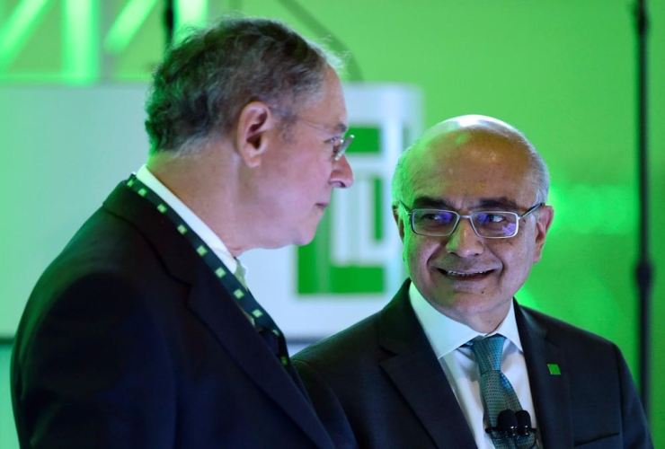 President and CEO Bharat Masrani, right, and Chairman of the Board Brian Levitt speak at the TD Bank Group annual general meeting in Toronto on Thursday, March 30, 2017.