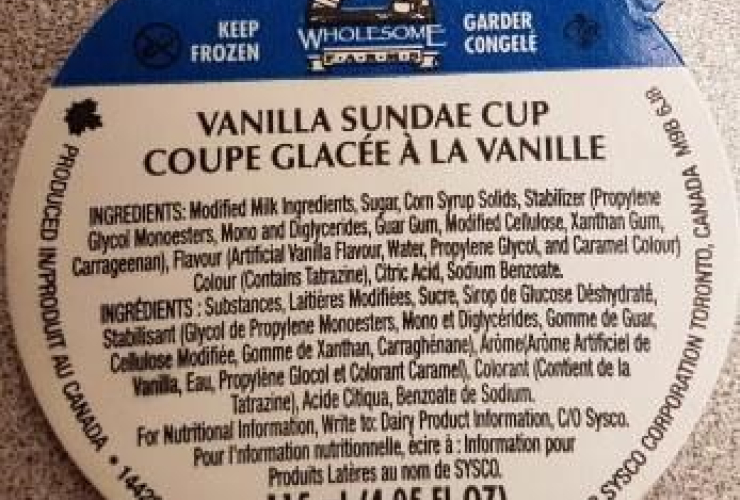 A label for a Wholesome Farms' Vanilla Sundae Cup is shown in a handout photo. The Canadian Food Inspection Agency is warning the public not to consume Wholesome Farms' Vanilla Sundae Cups due to possible Listeria contamination.