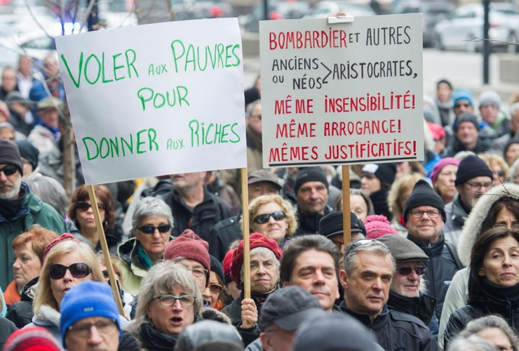 Bombardier, executives, compensation, corporate welfare, Montreal, protest
