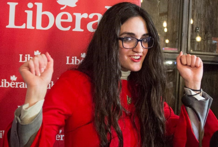 Liberal candidate Emmanuella Lambropoulos reacts after winning the federal byelection in the Saint Laurent riding on Monday, April 3, 2017 in Montreal.