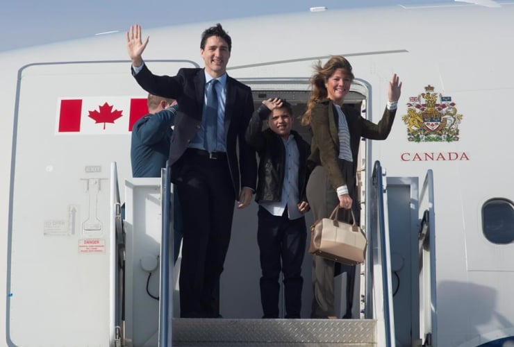 Canadian Prime Minister Justin Trudeau and his wife Sophie Trudeau and son Xavier board a government plane in Ottawa, Saturday April 8, 2017.