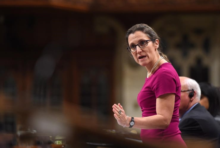 Foreign Affairs Minister Freeland responds during question period in the House of Commons in Ottawa on Thursday, April 13, 2017.