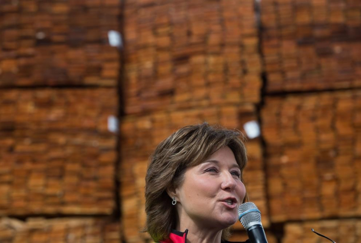 Liberal Leader Christy Clark addresses workers and local candidates while standing in front of stacks of western red cedar wood during a campaign stop at CedarLine Industries, a manufacturer of western red cedar products, in Surrey,  on April 24, 2017