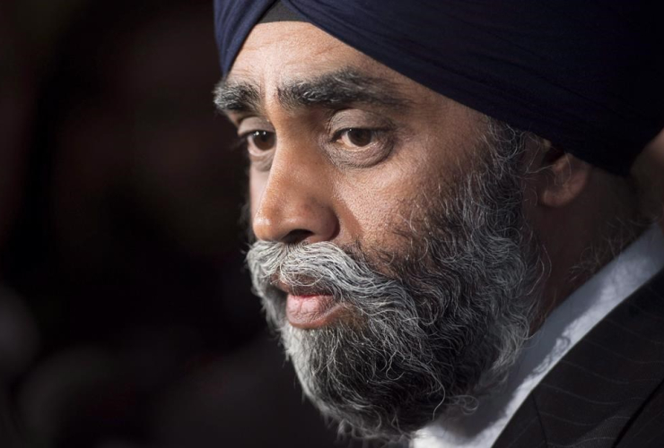 Minister of National Defence Minister Harjit Sajjan speaks with the media after delivering a speech to the Conference of Defence Associations Institute in Ottawa, Wednesday May 3, 2017.