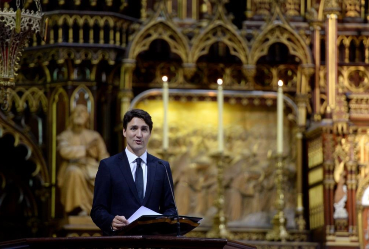 The Prime Minister Justin Trudeau speaks at the Notre-Dame Basilica to mark the 375th anniversary of the founding of Montreal on Wednesday May 17, 2017.