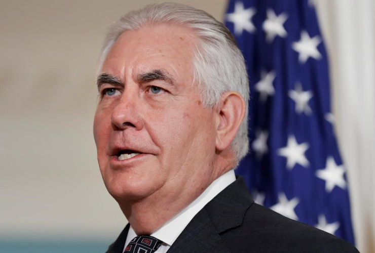 Secretary of State Rex Tillerson answers a question from the media about the U.S. leaving the Paris climate accord, on Friday, June 2, 2017, at the State Department in Washington.