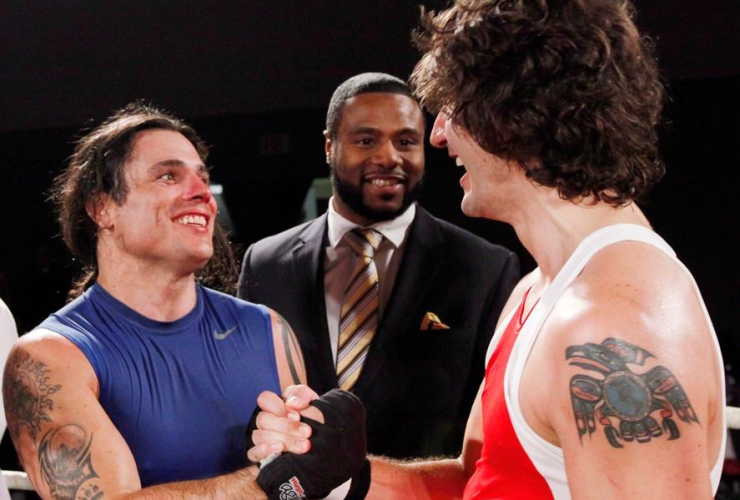 Sen. Patrick Brazeau and MP Justin Trudeau meet in a charity boxing match in 2012. File photo by The Canadian Press/Fred Chartrand