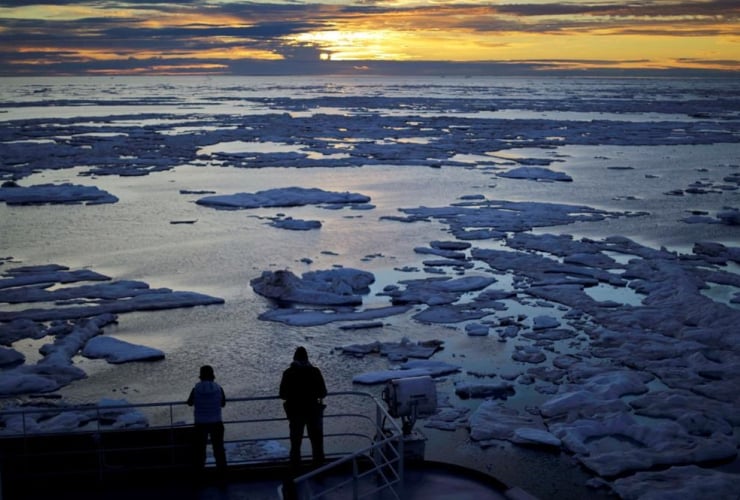 researchers, Finnish icebreaker, MSV Nordica, sun sets, sea ice floating, Victoria Strait, Northwest Passage, Canadian Arctic Archipelago
