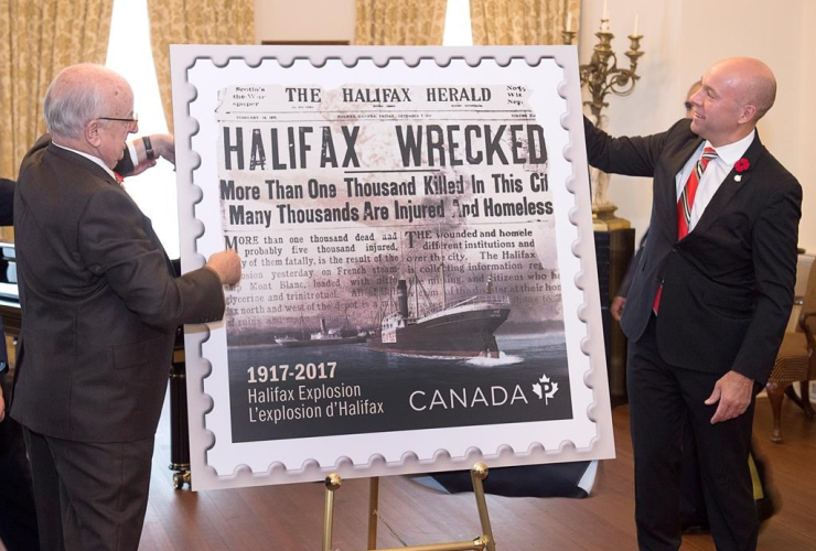 Nova Scotia, Lt.-Gov. Arthur J. LeBlanc, Andy Fillmore, Halifax, Canada Post, Halifax Explosion commemorative stamp, 