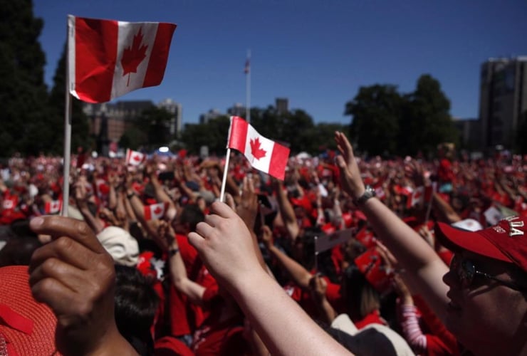 People, living flag, Legislature, celebrate, Canada's 150th birthday, Victoria,