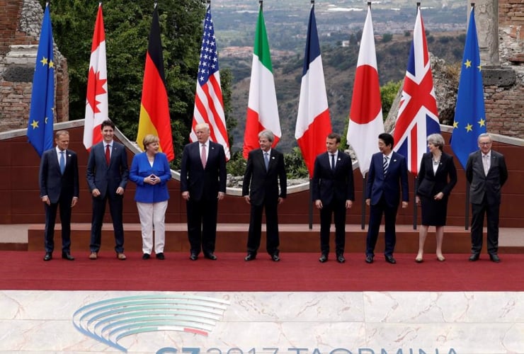 leaders of the G7, group photo, G7 summit, Ancient Theatre of Taormina, Sicilian citadel, Taormina, Italy, 