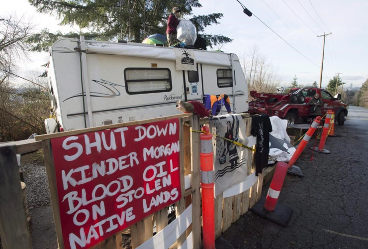 protester, Uni, trailer, main gates, Kinder Morgan, Burnaby,